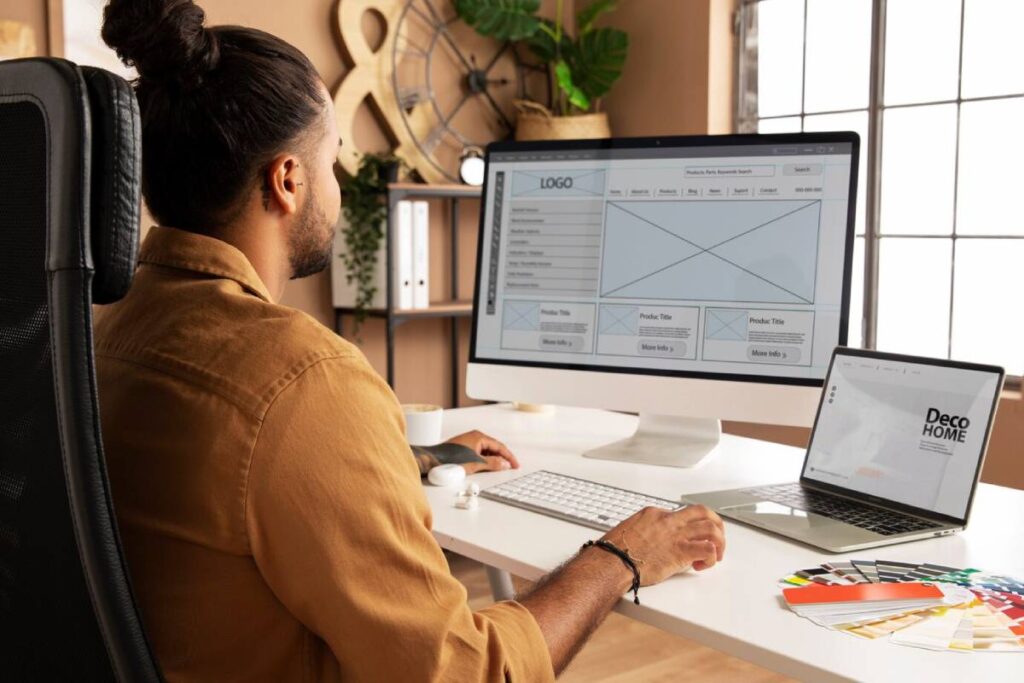 Man with a bun working on a website design on dual screens in a modern office.