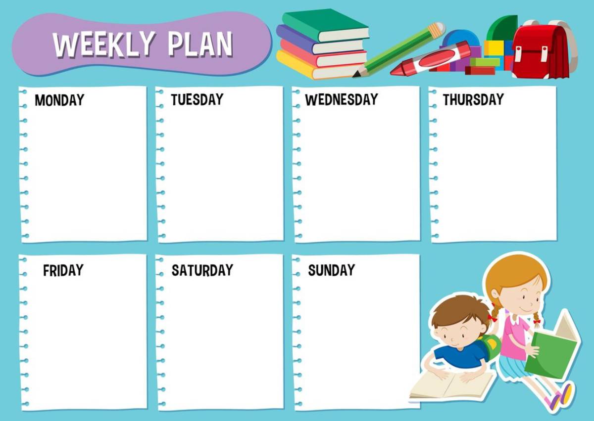 Illustration of a weekly plan chart with empty day blocks, school supplies, and cartoon children reading a book.
